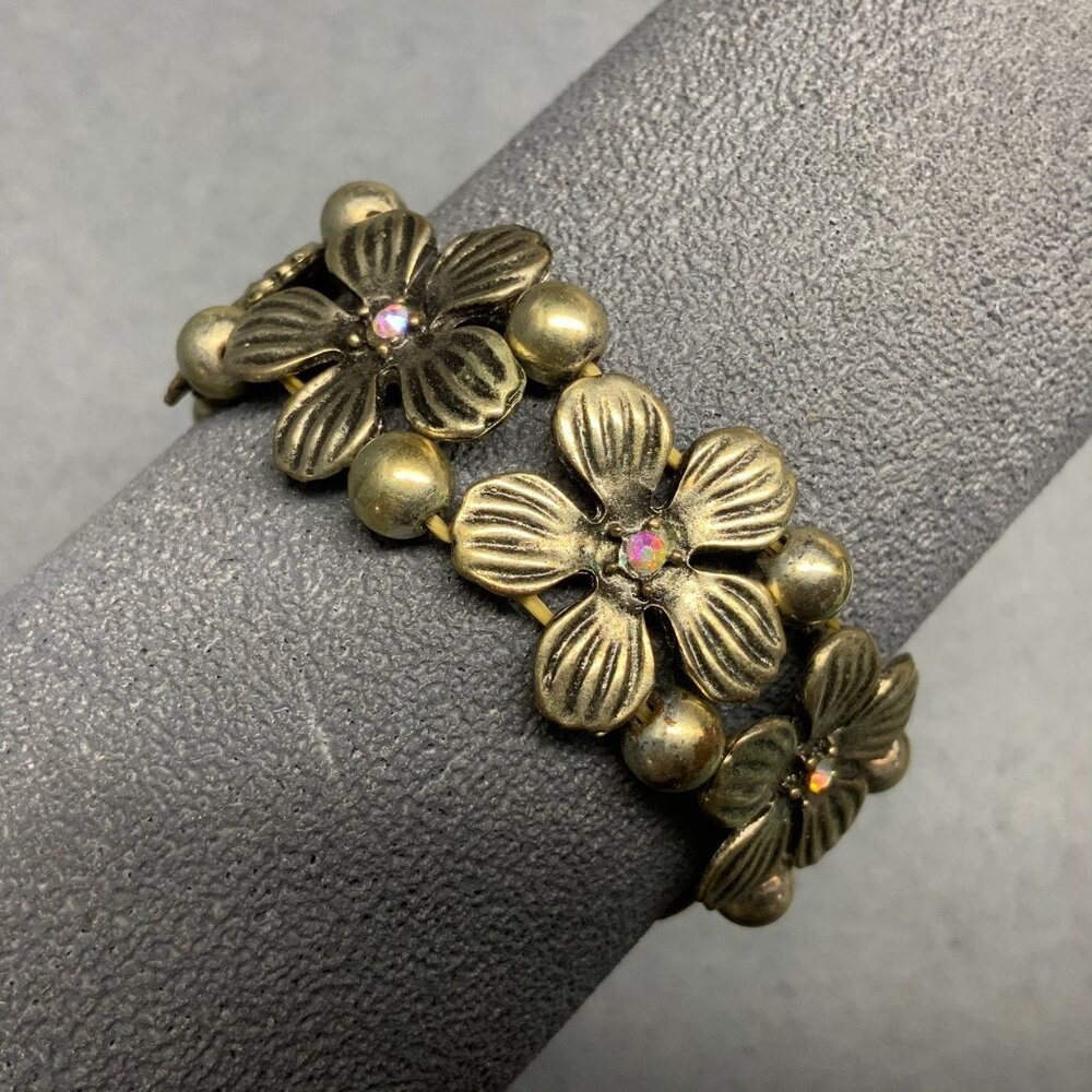 Flower Link Stretch Bracelet 7 In As Is Silver Rhinestone Centers Vintage